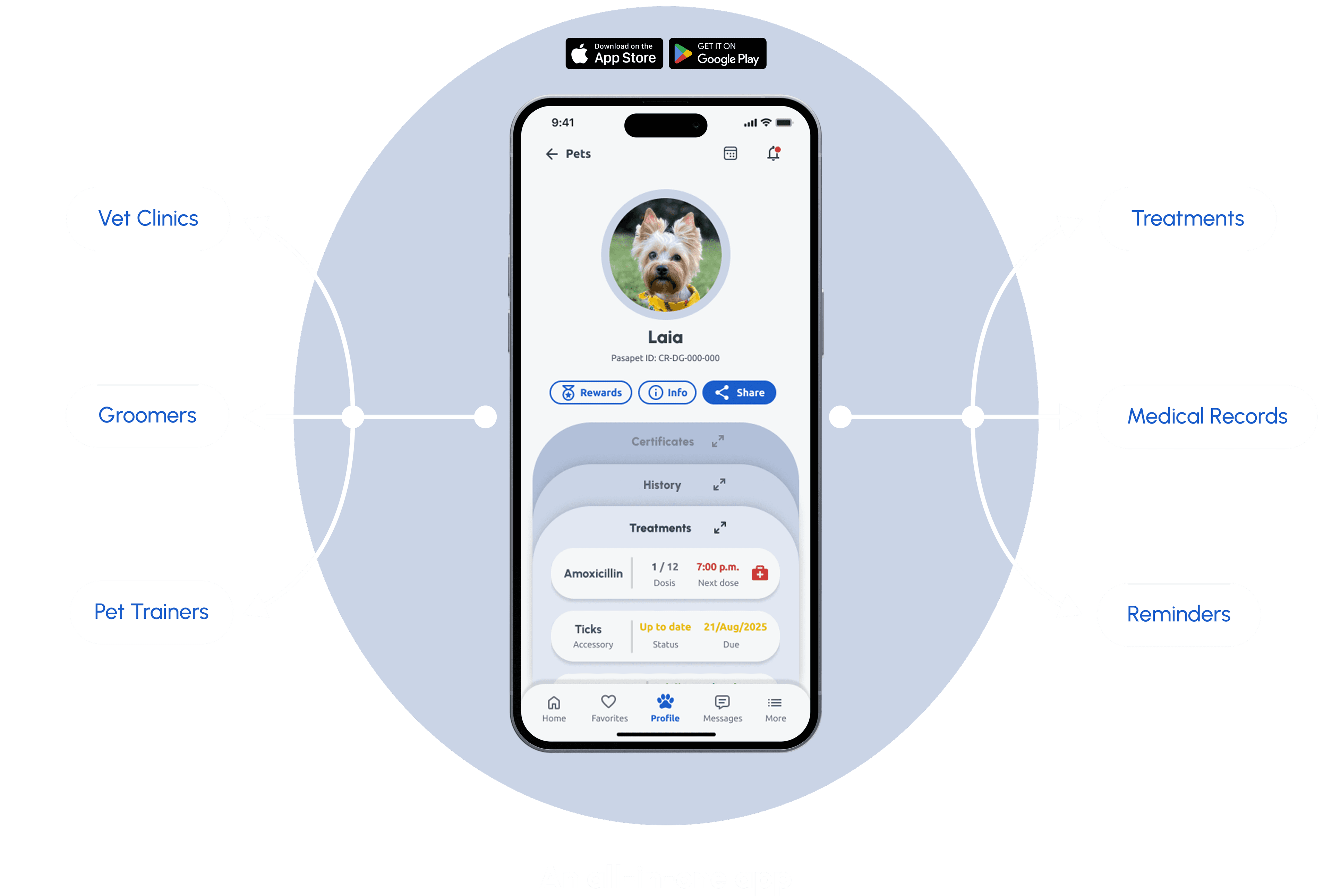 PASAPET mobile app showing features with App Store and Google Play badges